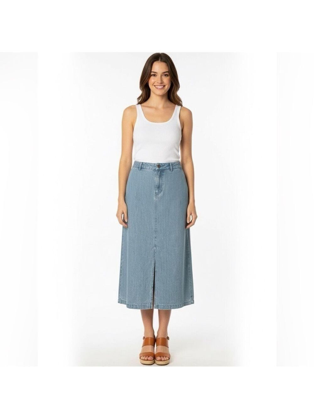 BELLE VERE 100% Cotton Light Wash Denim Midi Skirt w/ Front Slit & Pockets Sz 10